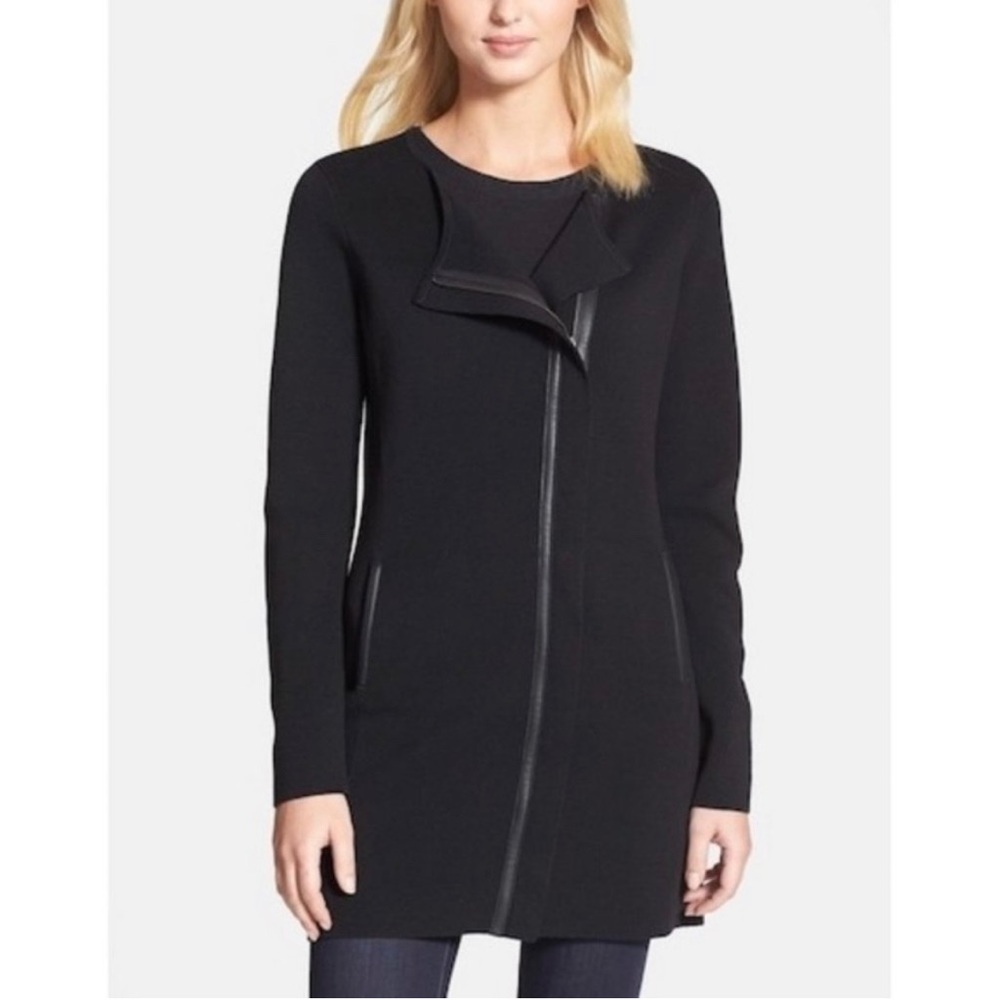 Eileen Fisher Silk Long Cardigan with Leather Trim